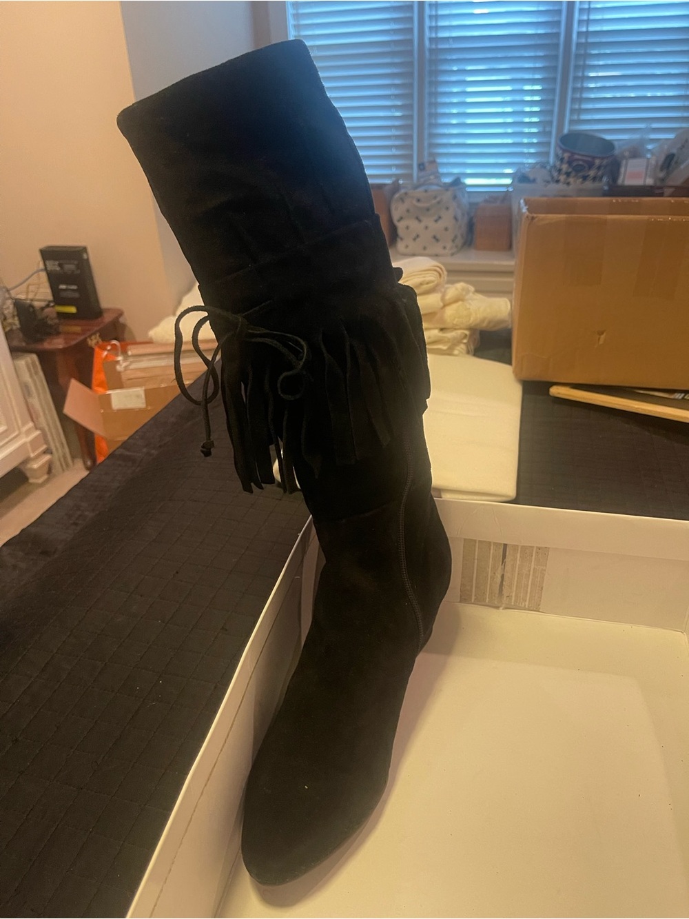 Nine west blackyeager wedge suede leather fringe tall boots lk nu 9 m